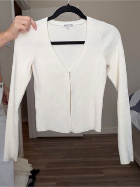 Reformation Ivory Ribbed V-Neck Cardigan Sweater